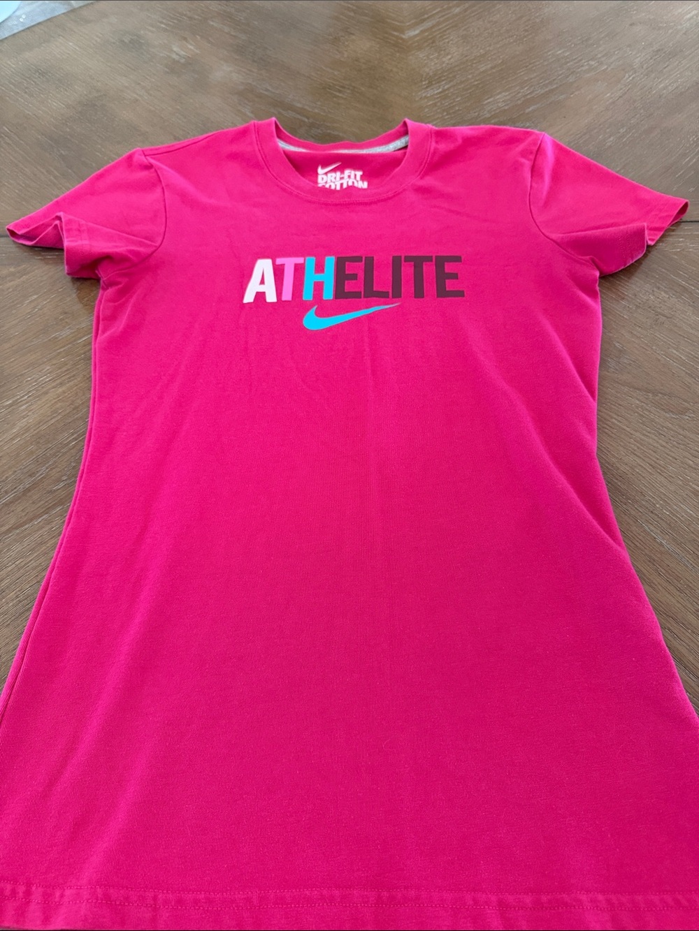 Nike Hot Pink Tee with Teal Swoosh and Multicolor ATHLETE Size XS